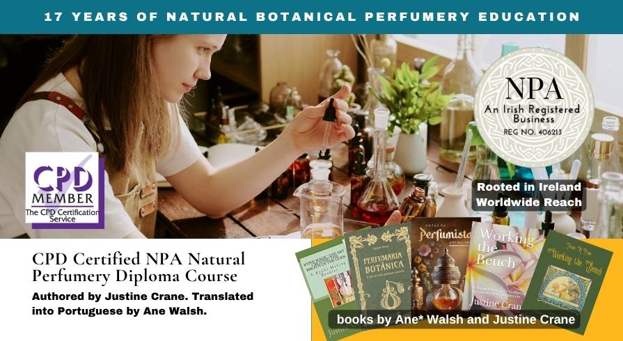 Banner for the CPD Certified Natural Perfume Academy (NPA) Diploma Course showing a perfumer blending botanical extracts.